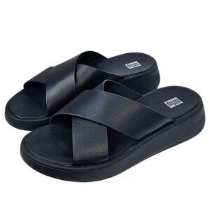 FitFlop Womens F-Mode Leather Platform Cross Slides, Black, Comfort, Summer, 9